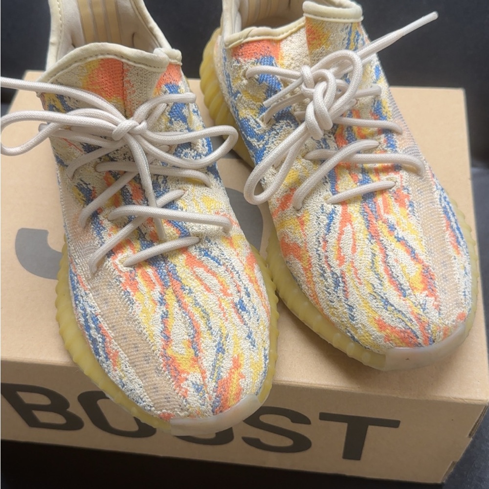 Yeezy Adidas Sneakers in Beige, Orange, and Blue